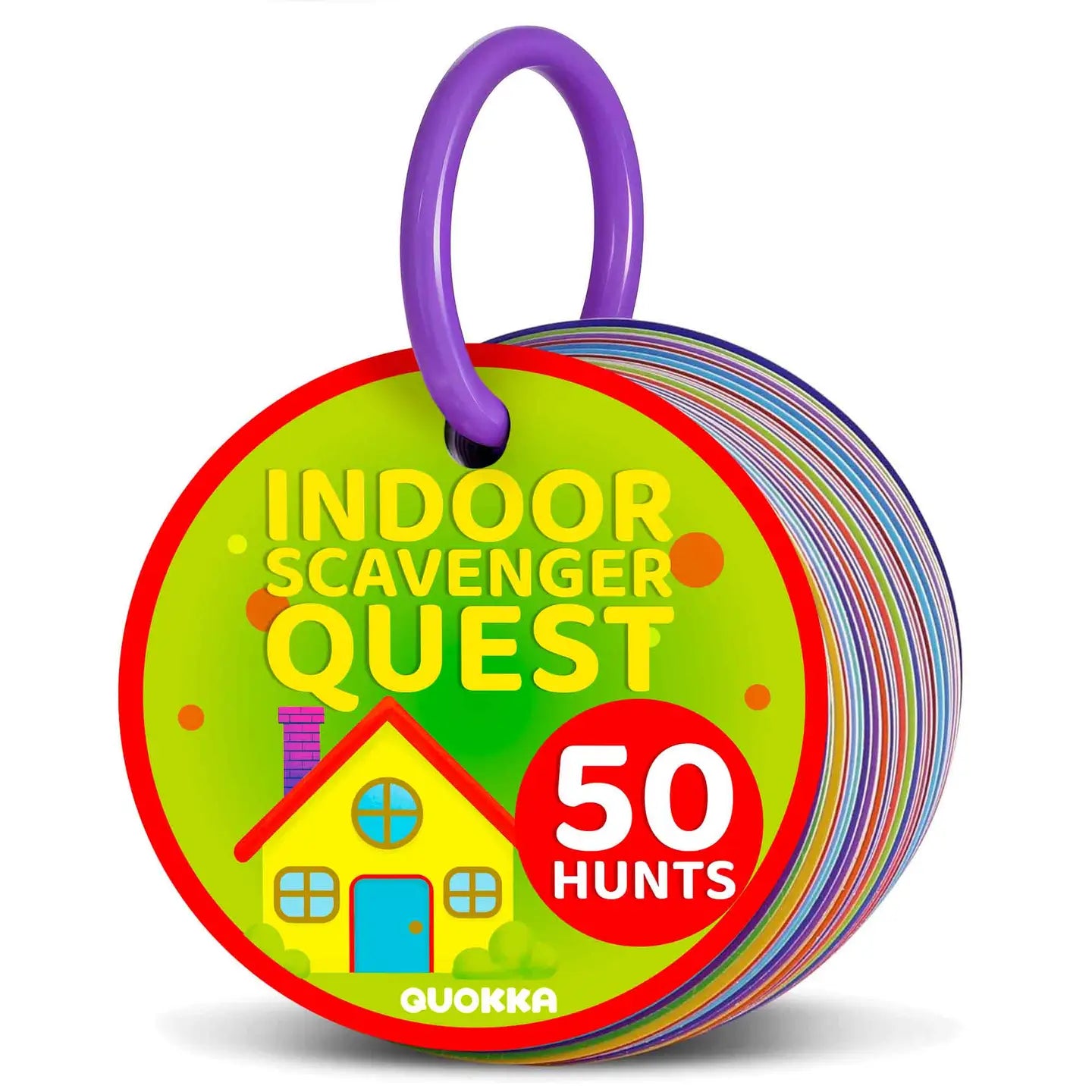 Indoor Scavenger Hunt Game for Kids showing colorful ring-bound cards labeled “50 Hunts” — fun educational activity set for indoor play and learning.