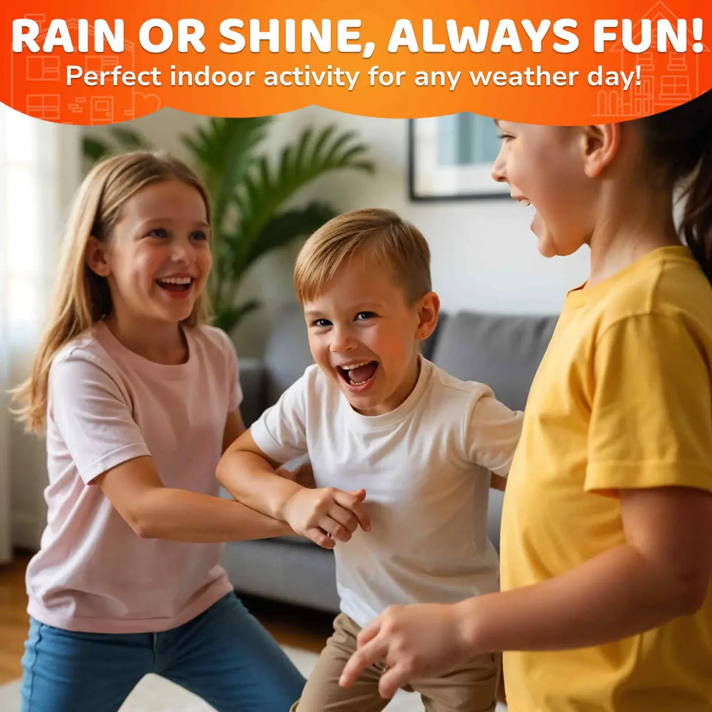 Three smiling children playing indoors with the Indoor Scavenger Hunt Game for Kids — fun, screen-free activity for any weather day.