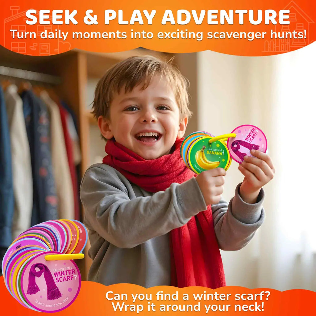 Smiling child holding colorful scavenger hunt cards during the Indoor Scavenger Hunt Game for Kids — seek and play adventure activity for learning and fun.