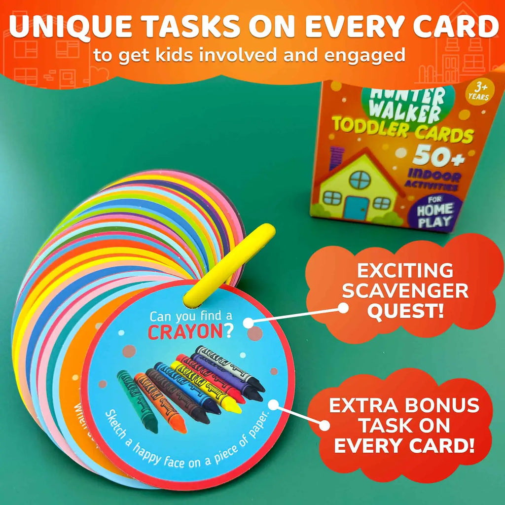 Colorful Indoor Scavenger Hunt Game for Kids showing ring-bound activity cards with “Can you find a crayon?” challenge and unique bonus tasks on every card.
