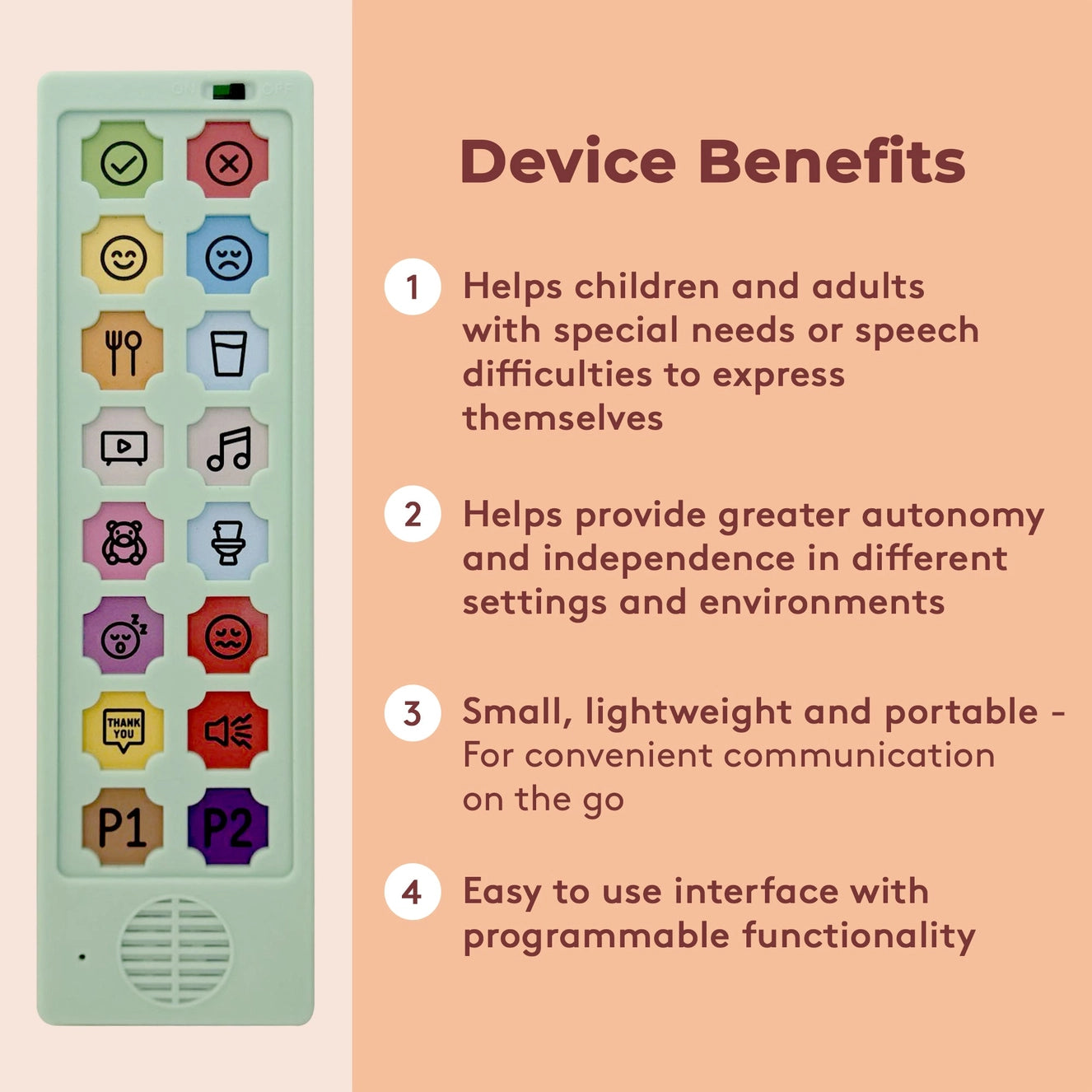 Love Hugs Programmable Non-Verbal Communication Device — infographic listing benefits such as helping users express themselves, improving independence, and offering portable, easy-to-use speech support.