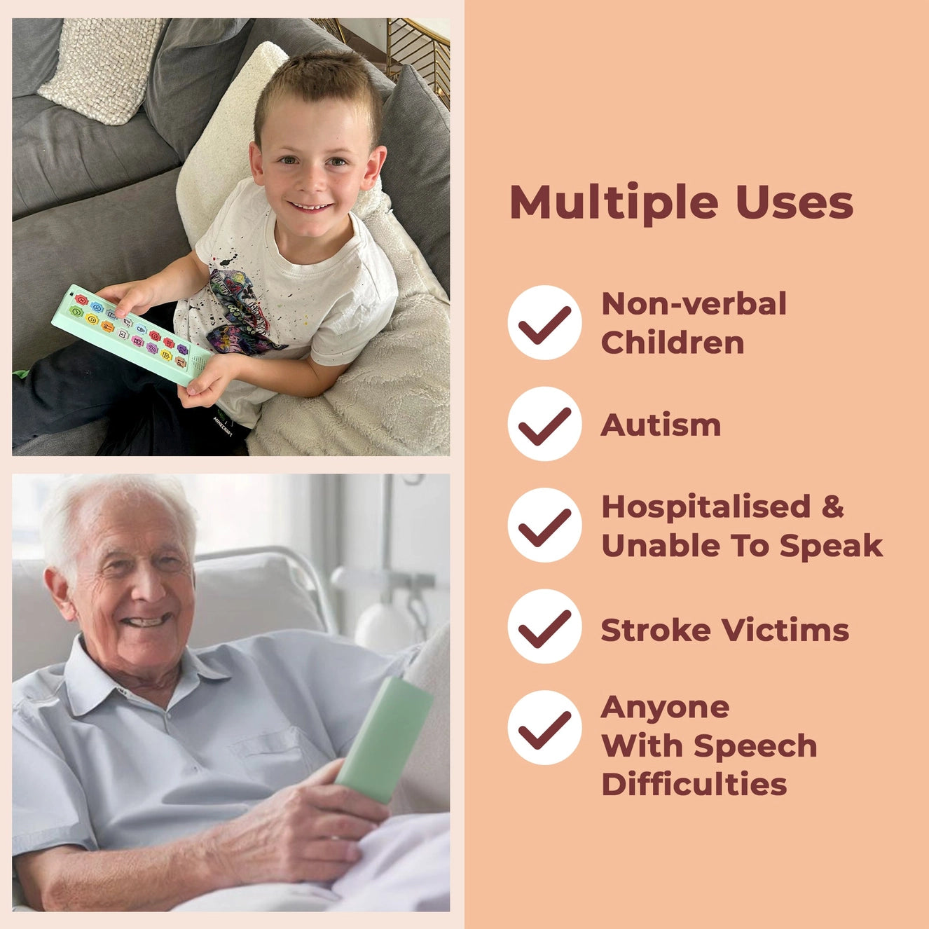 Love Hugs Programmable Non-Verbal Communication Device shown in use by children and adults. Ideal for autism, stroke recovery, hospital patients, and anyone with speech difficulties.