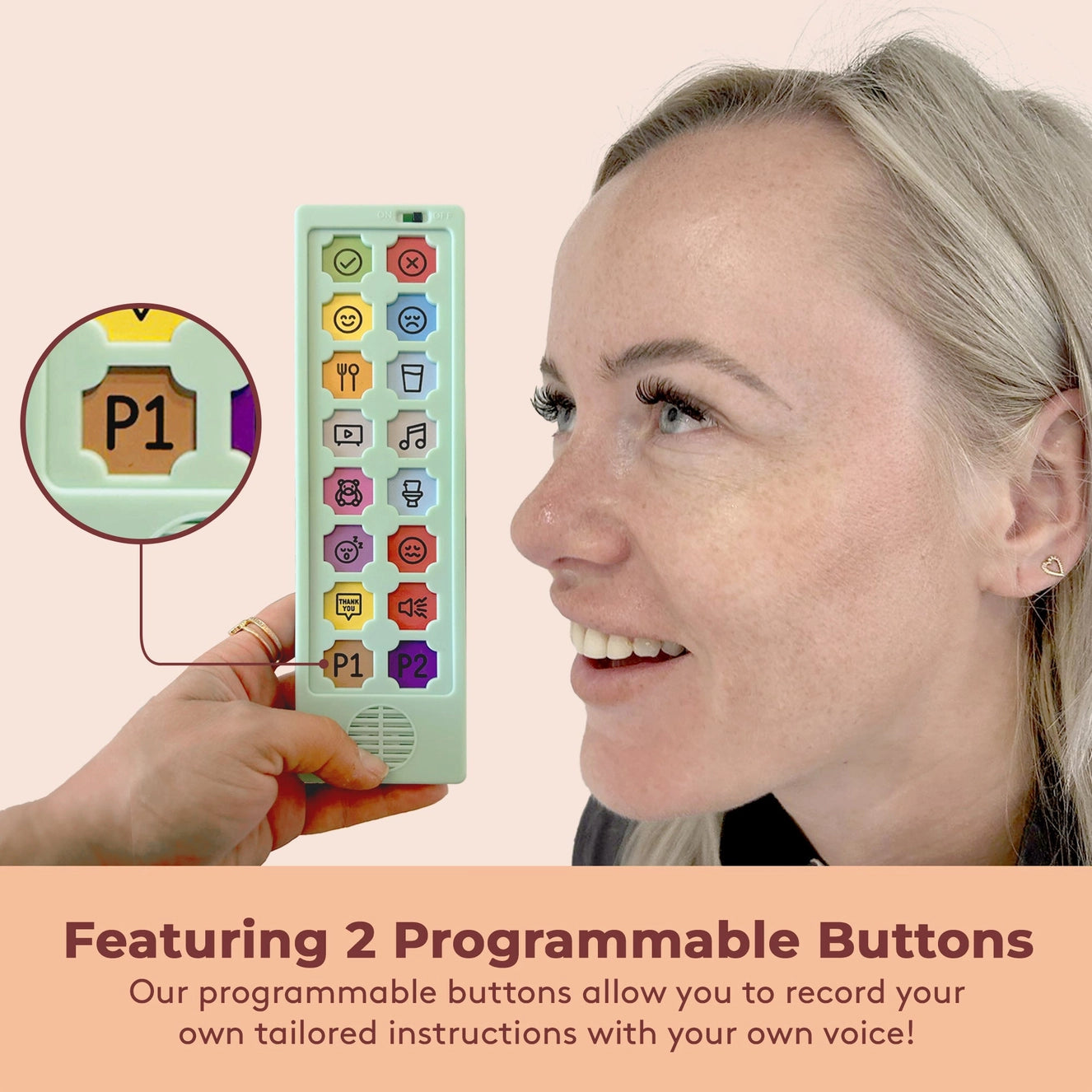 Love Hugs Talking Aid — AAC device demonstration showing how users can record personalized voice messages using two programmable buttons (P1 and P2). Ideal for autism, stroke recovery, and speech therapy.