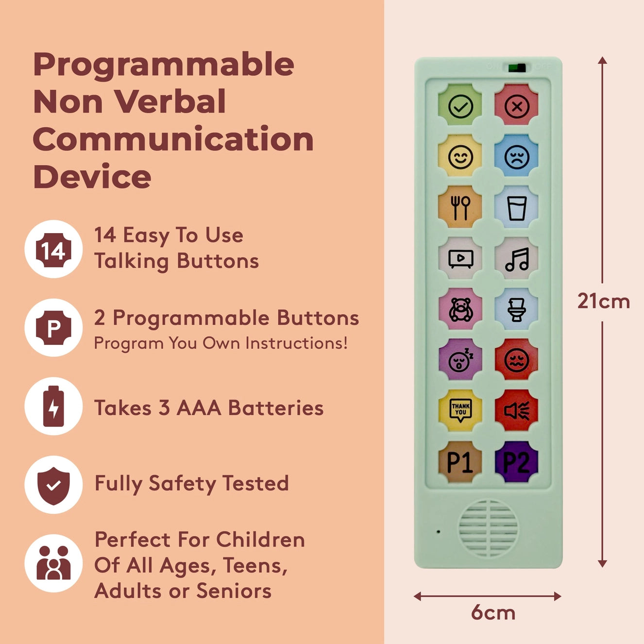 Love Hugs Programmable Non-Verbal Communication Device — visual guide showing 14 talking buttons, 2 customizable buttons, and compact 21cm x 6cm design. Safe for children, teens, adults, and seniors.