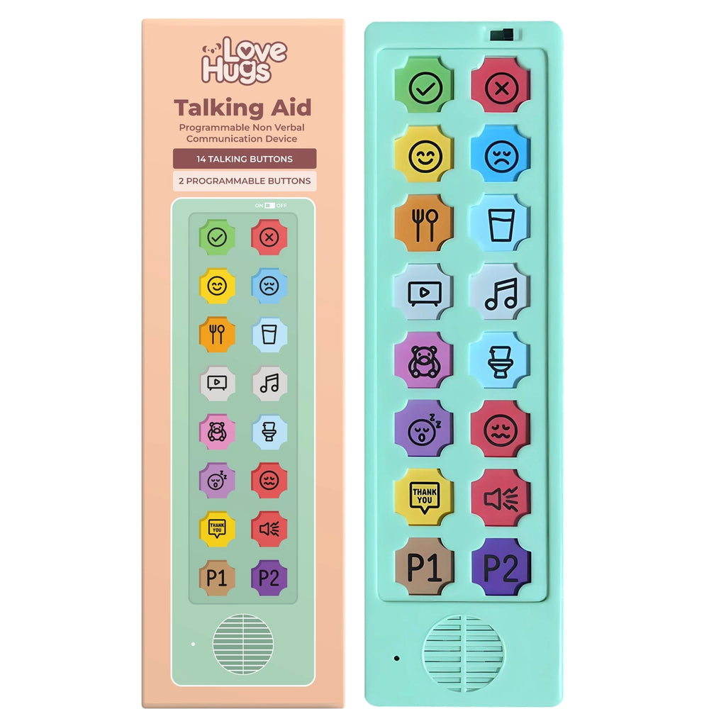 Love Hugs Talking Aid — a programmable non-verbal communication device with 14 talking buttons and 2 customizable ones. Ideal for autism, special needs, and speech therapy.