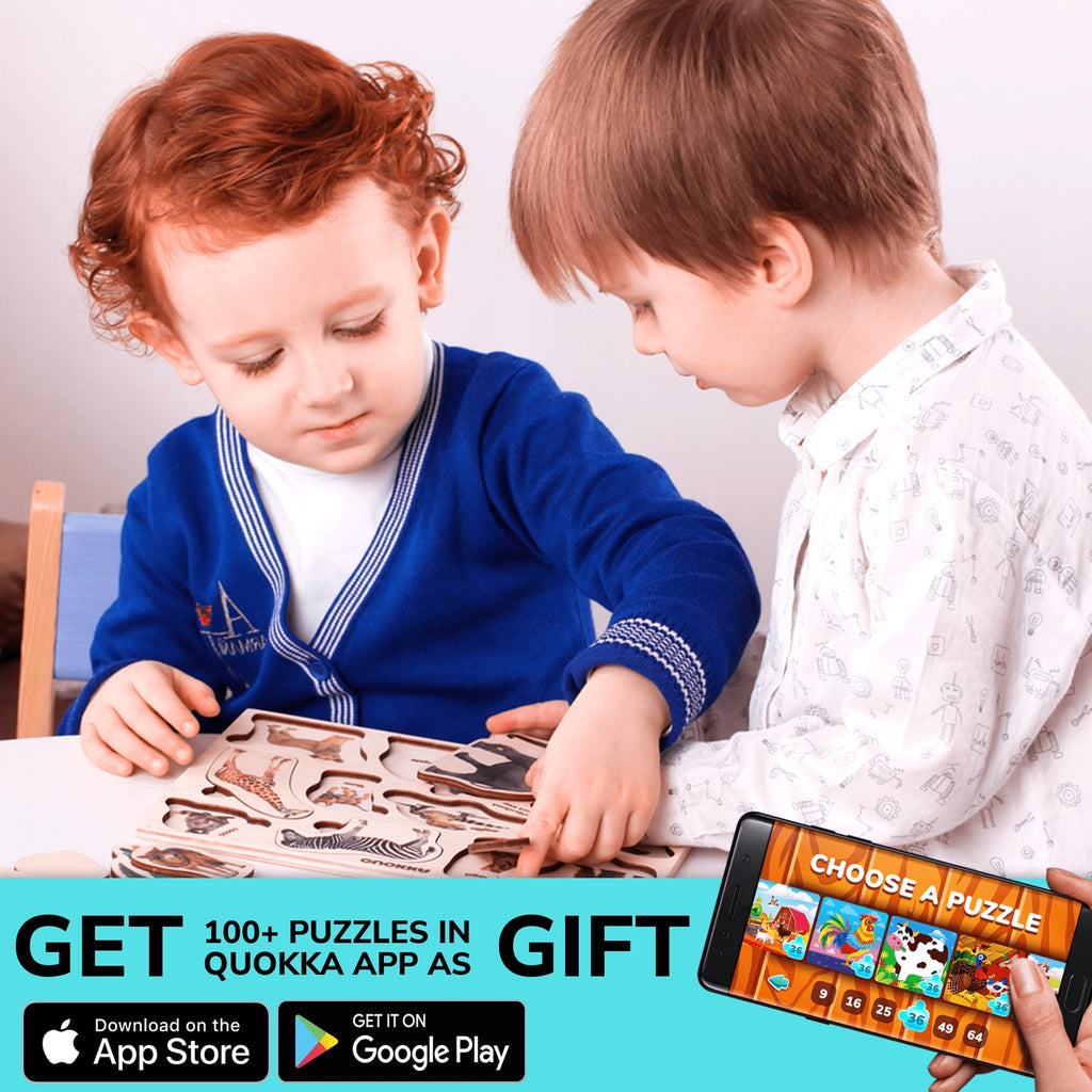 Children playing with Montessori wooden animal puzzle while learning through tactile play. Includes bonus Quokka App with 100+ interactive puzzles for digital and hands-on Montessori learning.