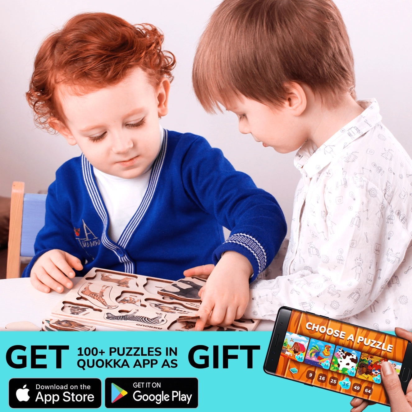 Children playing with Montessori wooden animal puzzle while learning through tactile play. Includes bonus Quokka App with 100+ interactive puzzles for digital and hands-on Montessori learning.