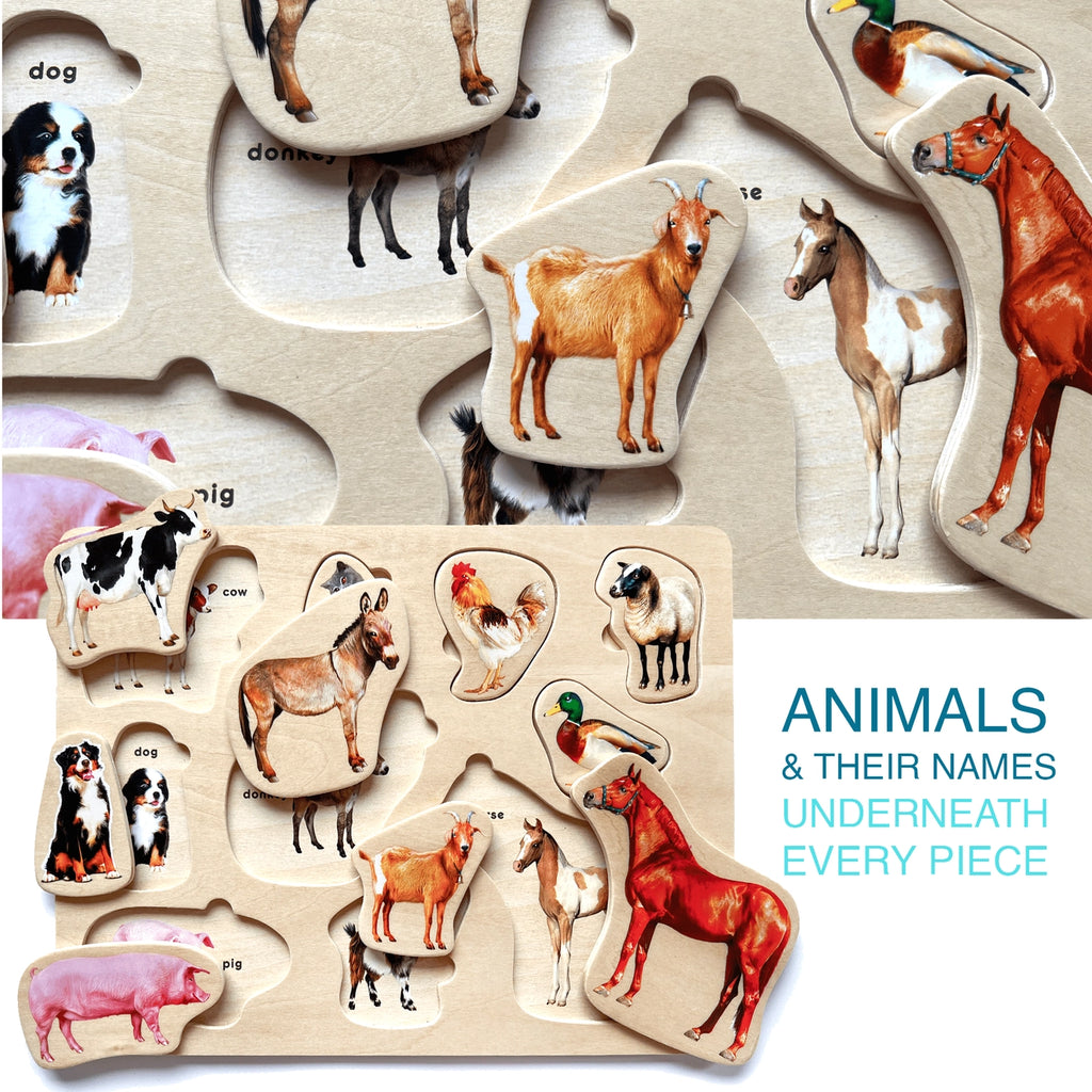 Montessori wooden animal puzzle with names printed beneath each piece — educational farm animal learning toy for toddlers featuring horse, goat, dog, pig, cow, and duck. Helps build vocabulary and fine motor skills.
