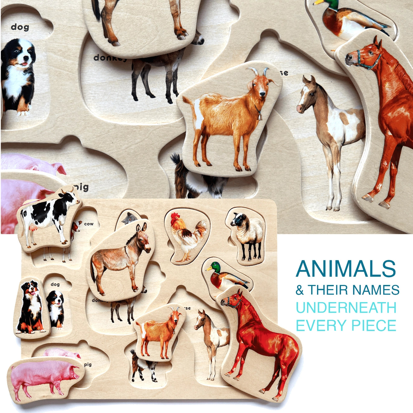 Montessori wooden animal puzzle with names printed beneath each piece — educational farm animal learning toy for toddlers featuring horse, goat, dog, pig, cow, and duck. Helps build vocabulary and fine motor skills.
