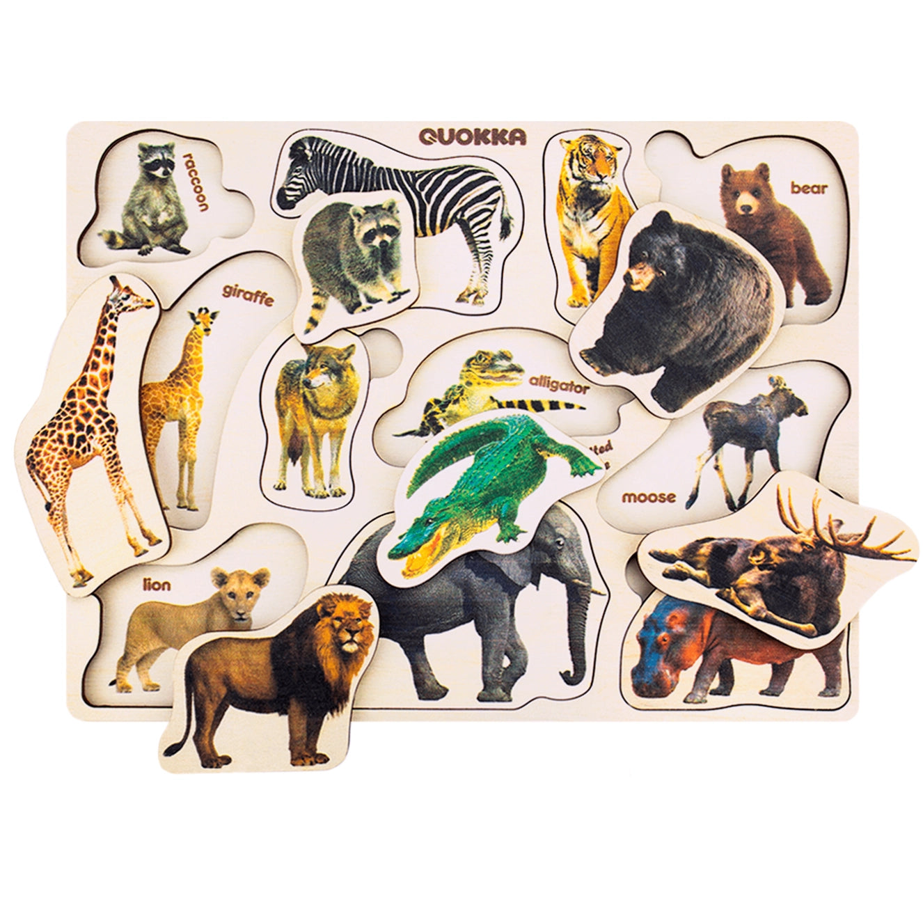 Beautifully crafted Montessori wildlife puzzle with realistic animals including lion, giraffe, zebra, bear, and elephant. Each piece fits precisely into its labeled space, teaching animal recognition, fine motor control, and vocabulary development in an engaging way.