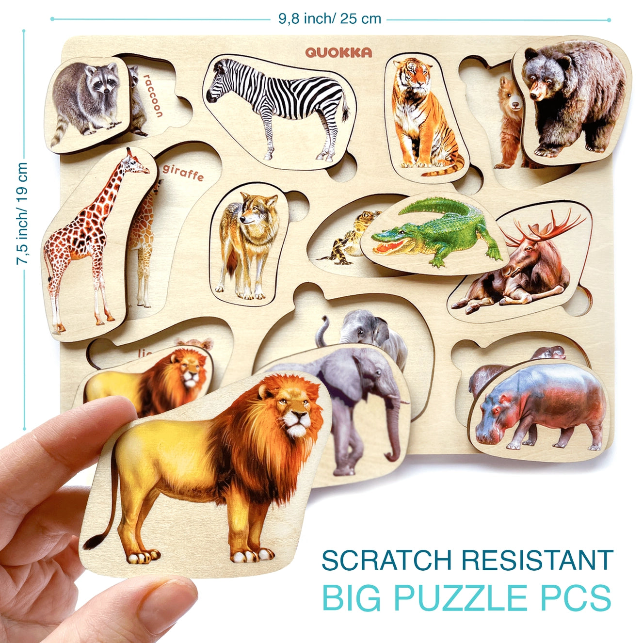 Montessori wooden wildlife puzzle with large scratch-resistant animal pieces — lion, giraffe, zebra, tiger, elephant, and bear. Durable eco-friendly educational toy for toddlers and preschoolers.