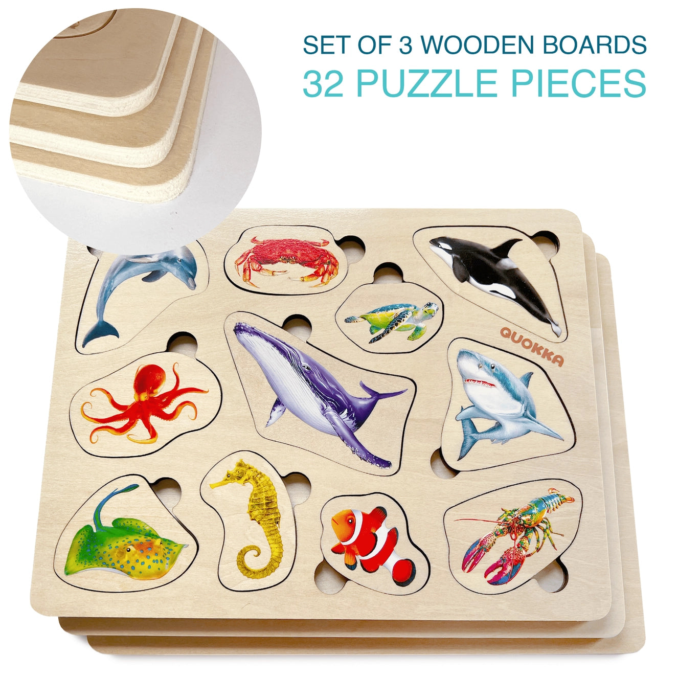 Montessori wooden sea animal puzzle set — 3 handcrafted boards with 32 colorful marine creatures including dolphin, whale, crab, shark, seahorse, and octopus. Eco-friendly educational toy for toddlers ages 3–6.