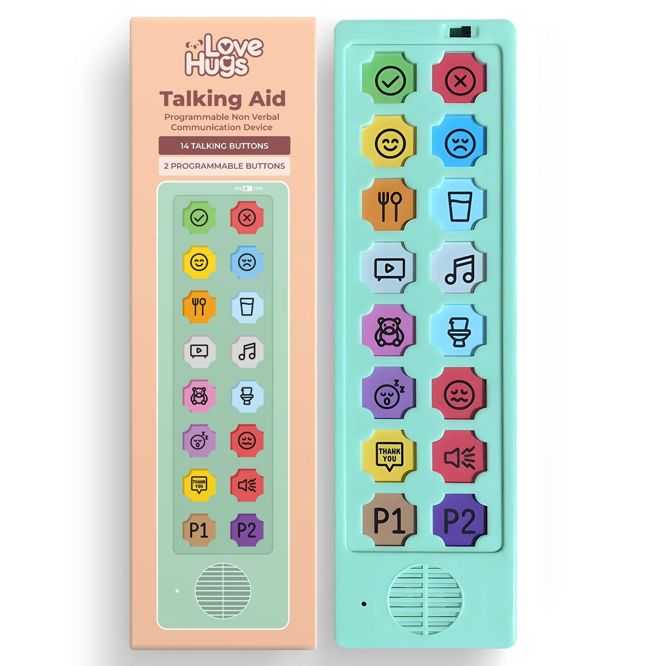 Programmable Non-Verbal AAC Communication Device with 14 talking buttons and 2 programmable voice buttons for non-verbal communication, autism, and speech therapy.