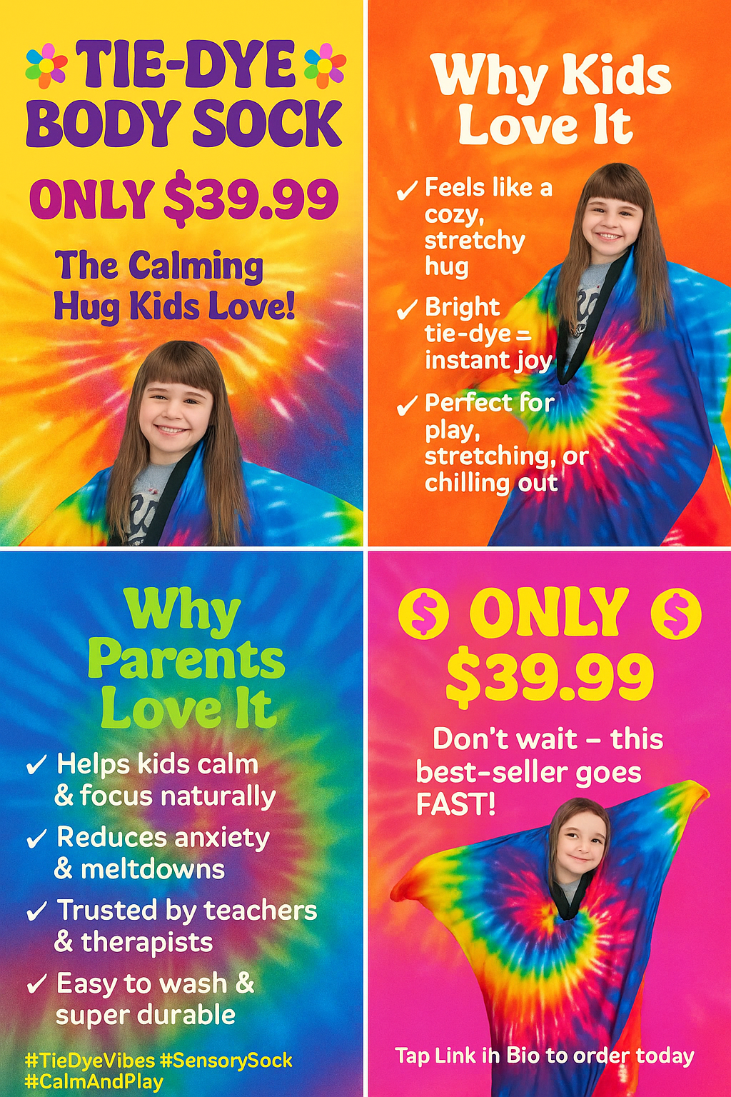 Promotional image for tie-dye sensory body sock for kids, showing features, price, and calming benefits.