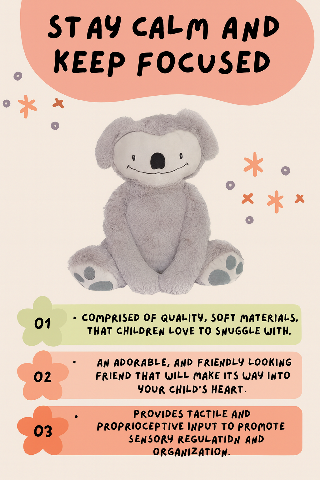 Weighted koala plush sensory toy promoting calm and focus with soft materials and sensory regulation benefits.

